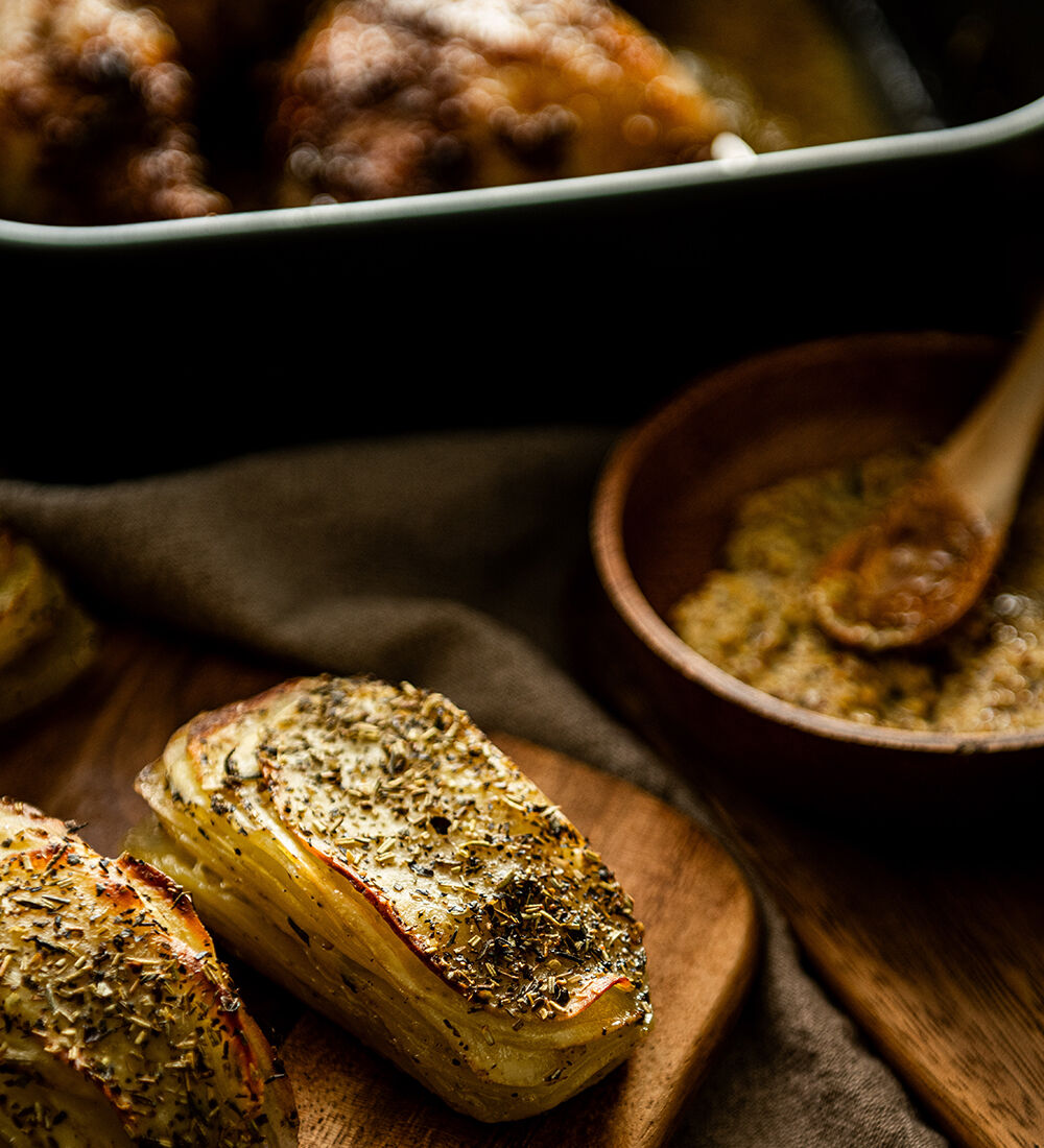 Poulet miel moutarde et mille-feuilles de pommes de terre